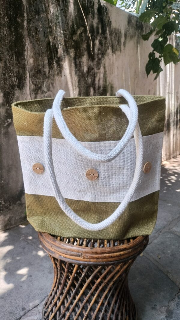 Large jute bag with White & Olive Green color