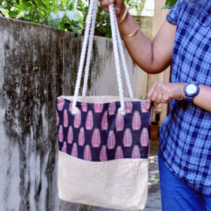 Large Biege Jute bag with black work