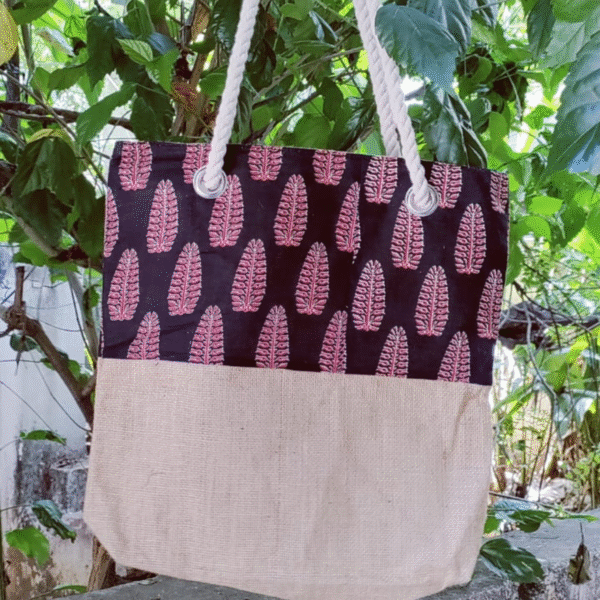 Large Biege Jute bag with black work - Image 2